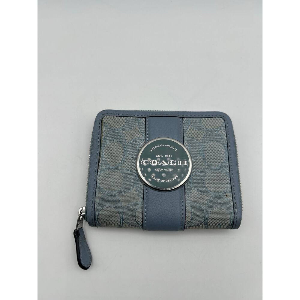 Coach Blue Signature Zip Around Wallet Coin Purse Compact ID Window Leather Trim